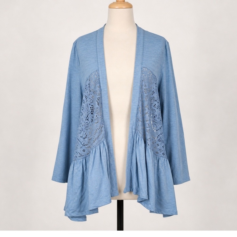 LOGO Lavish Open Front Lace Panel Cardigan Women's Large Blue Peplum Hem